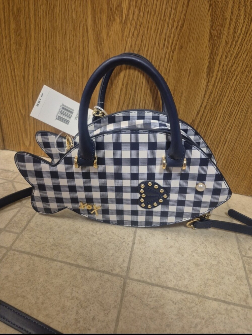 Betsey Johnson XO Sea Fish Shaped Navy & White Gingham Pattern Crossbody Bag - Picture 4 of 8